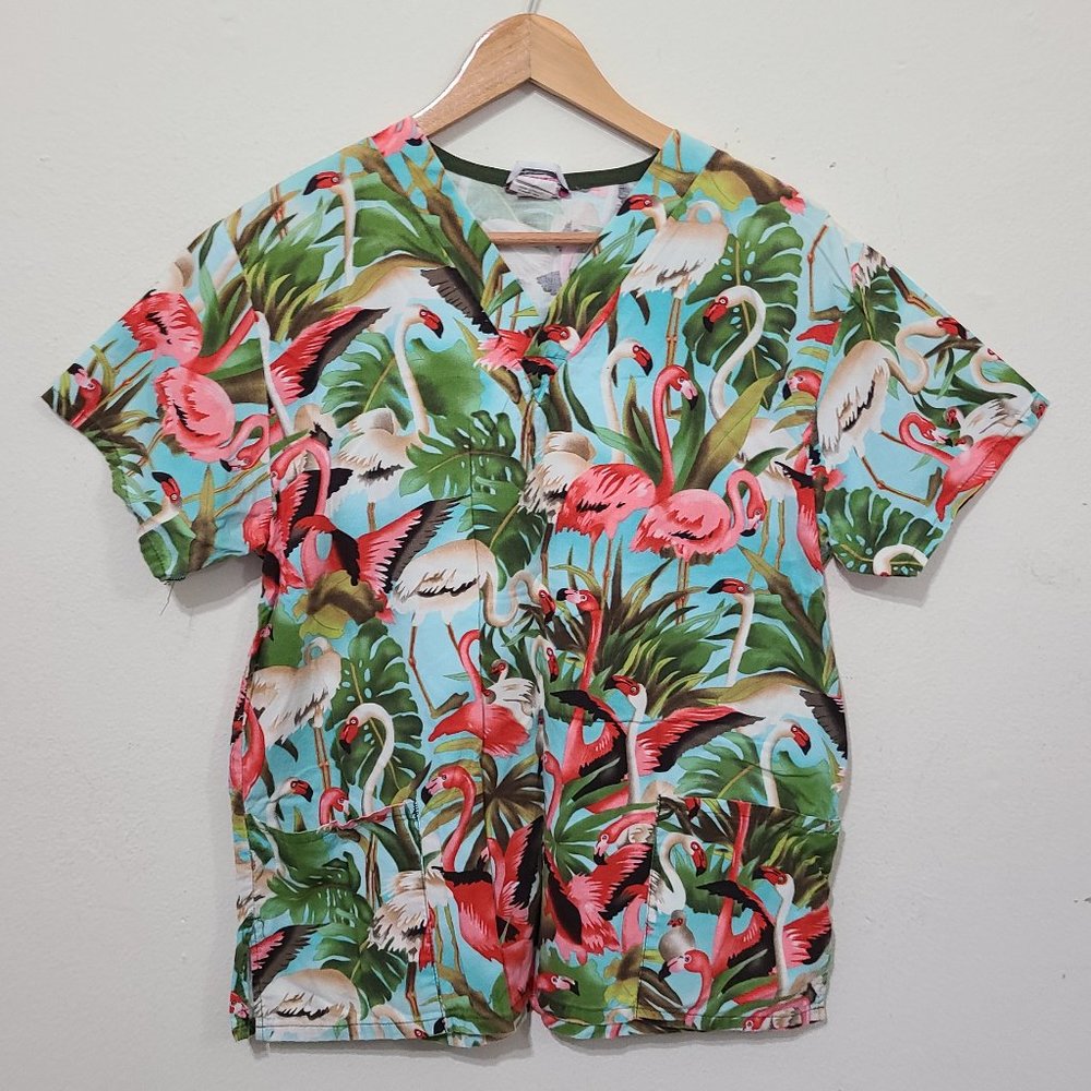 Vintage Tropical Flamingo Scrubs Top Green/Pink